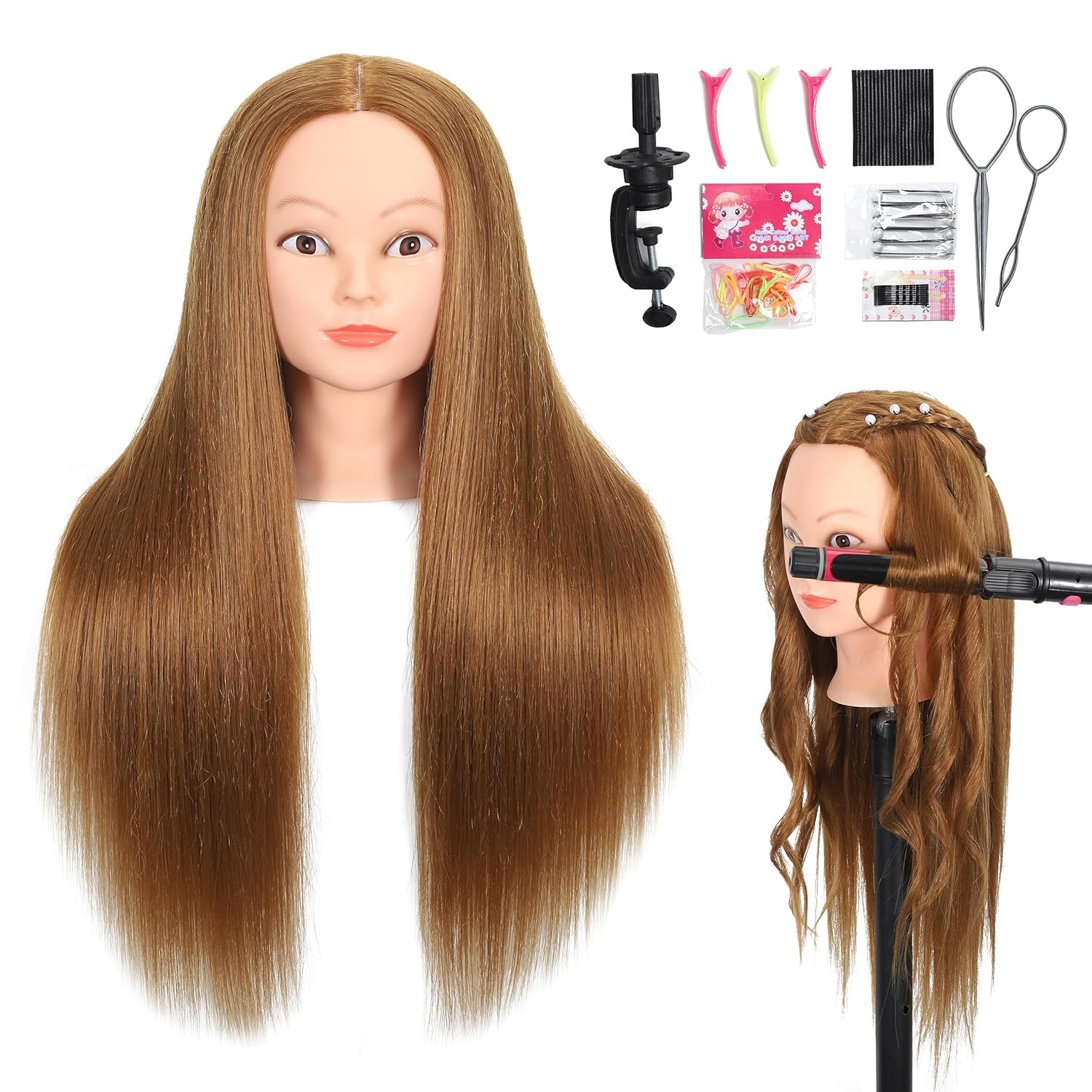 Photo 1 of ZOMOI Mannequin Head with 80% Real Human Hair 26''-28"Cosmetology Mannequin Doll Head to Practice Hair Styles Hairdresser Practice Braiding Head(27# Light Brown)