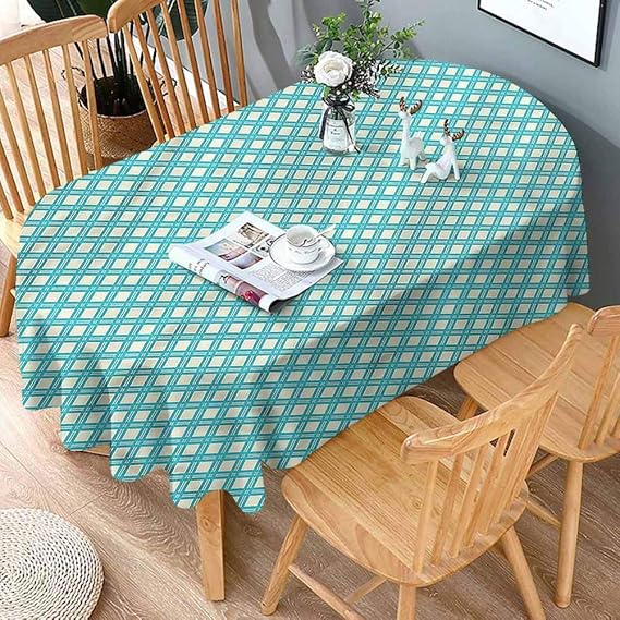 Tablecloth Oval Retro Stain Resistant Tablecloth Aqua Checked Tile