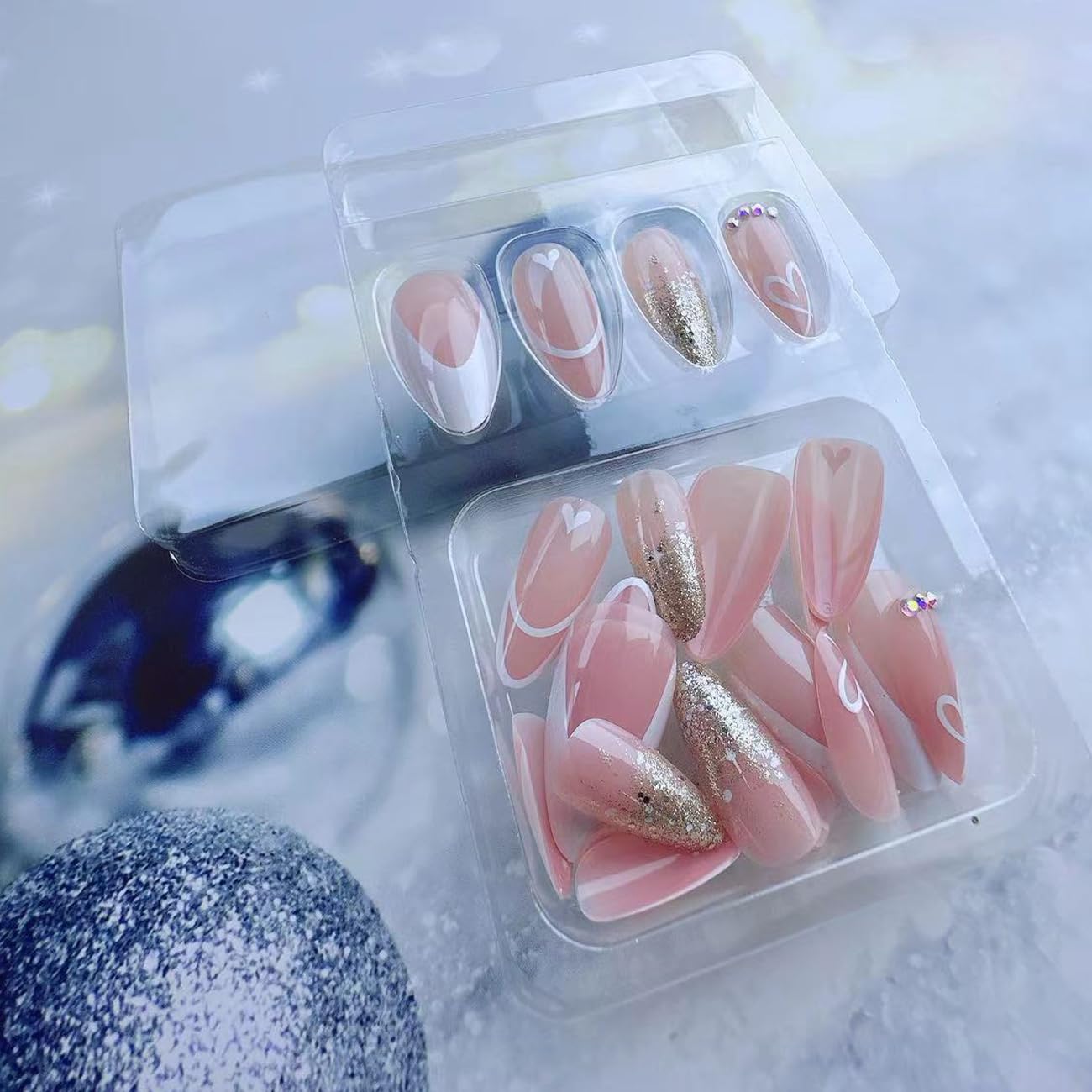 24PCS Valentines Day Press on Nails with White French Valentine's Love Heart Sparkling Glitter Heart False Nails Design Press ons Medium Almond Rhinestone Nails Valentine's Day for Women Girls - Image 5