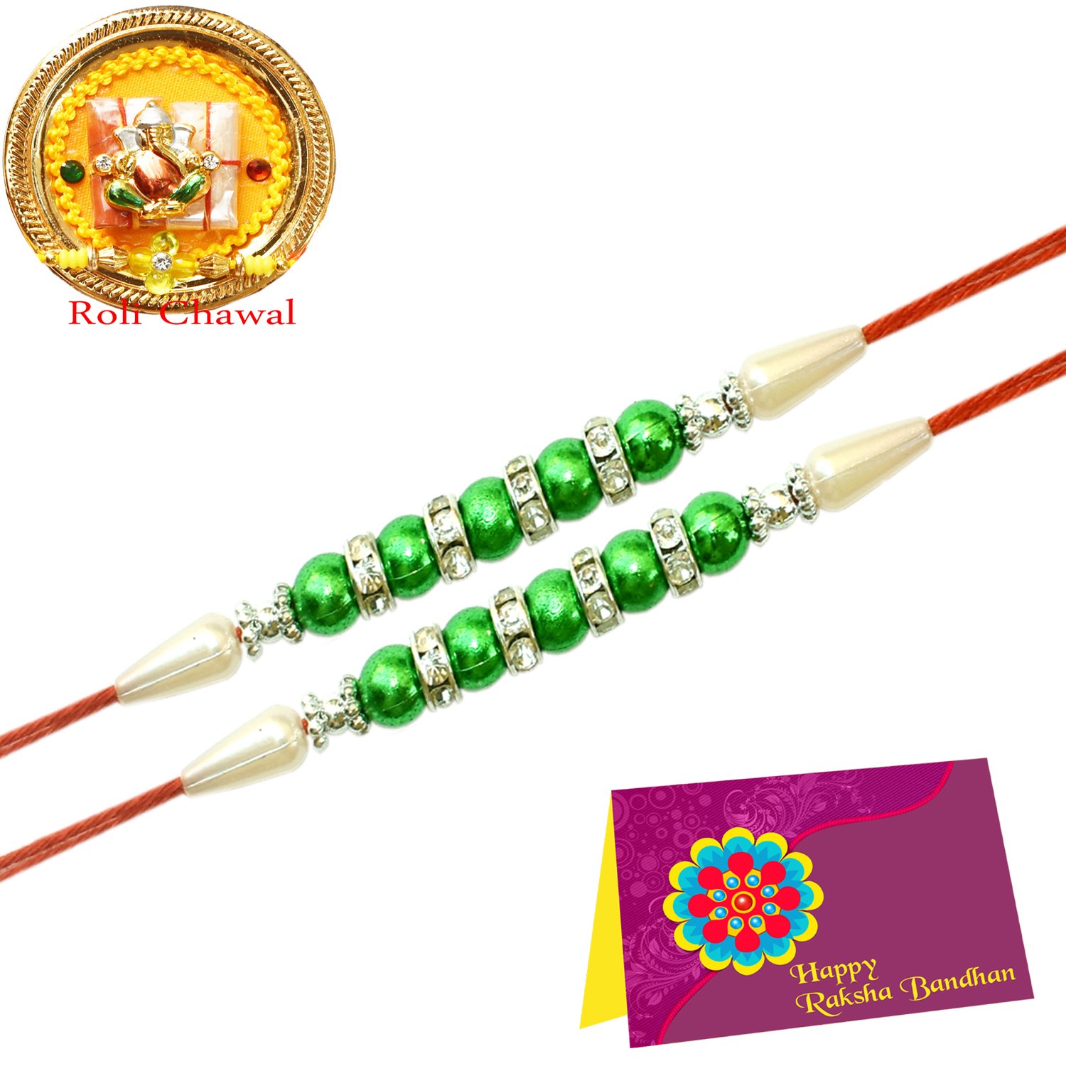 tonkwalas precious green color meena kundan & stones rakhi gift set of 2 rakhi for brother with small plate of roli chawal wishes card (free size)
