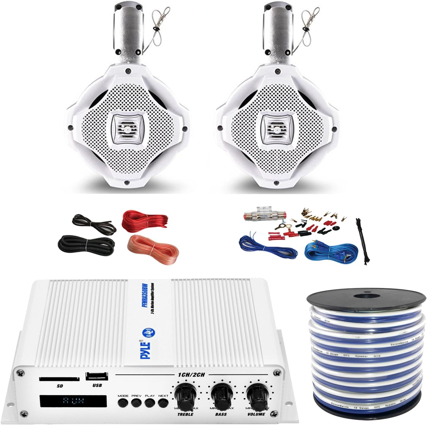 Pyle PFMRA350BW 2-Channel Bridgeable 200 Watts RMS Marine Amplifier, 2X Lanzar AQWB65W 6.5-Inch 2-Way 500 Watt Wake Board Tower Speakers - White, Pyle 8 Gauge Amp Install Kit, Enrock 18g Speaker Wire