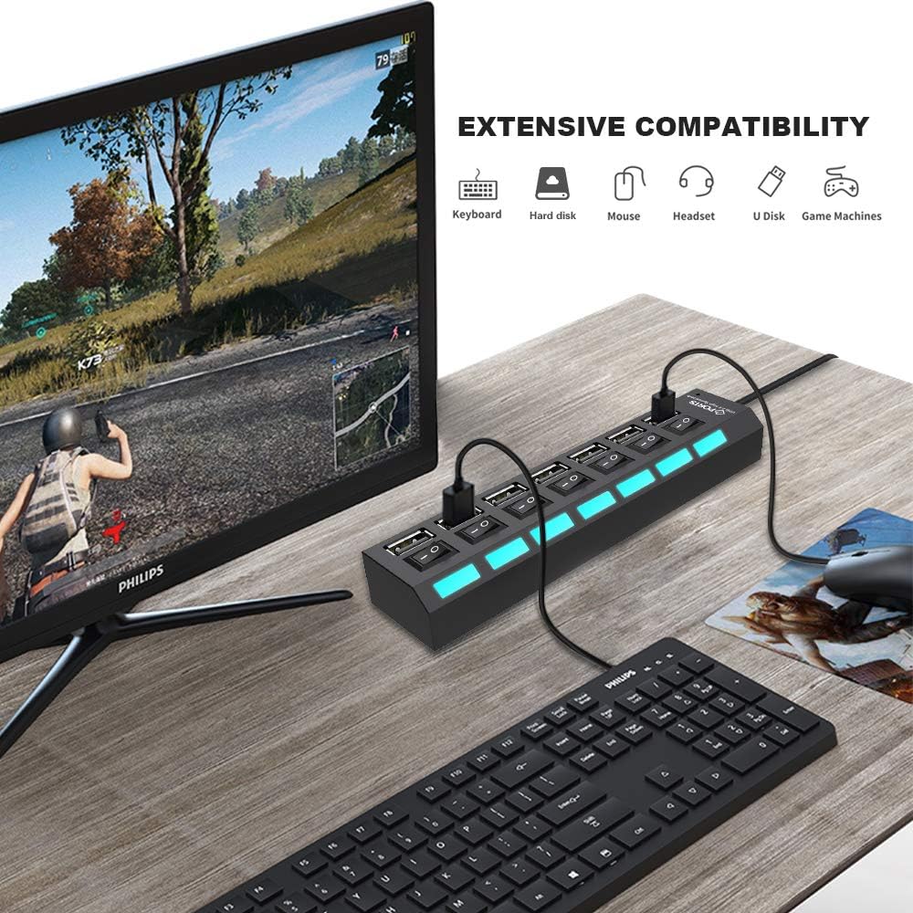 7-Ports USB 2.0 Hub High Speed ON/Off Individual Switch with LEDs Power Switches USB Hub: Computers & Accessories
