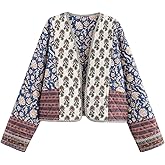 Flygo Women Cropped Puffer Jacket Cardigan Floral Printed Quilted Coats Lightweight Open Front Crop Padded Down Jackets