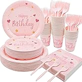 Birthday Party Tableware Set - 250PCS Party Supplies Pink Heart Disposable Paper Plates Dinnerware Set Pink Dinner Dessert Plates Cups Napkins Plastic Forks for 50 Guests