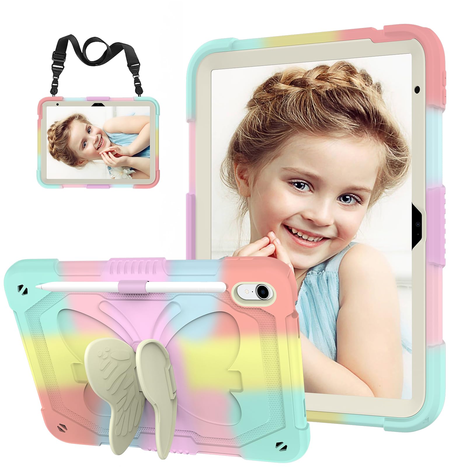 Photo 1 of Kid Case for iPad (A16) 11th Generation 11 Inch 2025/ iPad 10th Generation case 10.9 Inch 2022, Hogenl for iPad 10 Case for Kids with Butterfly Stand, Pencil Holder Strap, 360 Protective, Colorful