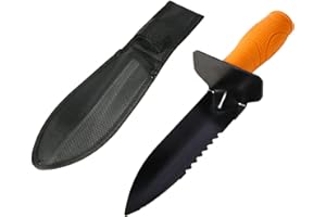 NUOSWEK Metal Detecting Shovel, Double Serrated Edge Digger Tool with Belt Sheath, Heavy Duty Metal Detecting Accessories, Gardening Trowel for Planting Landscaping Camping (Orange Handle)