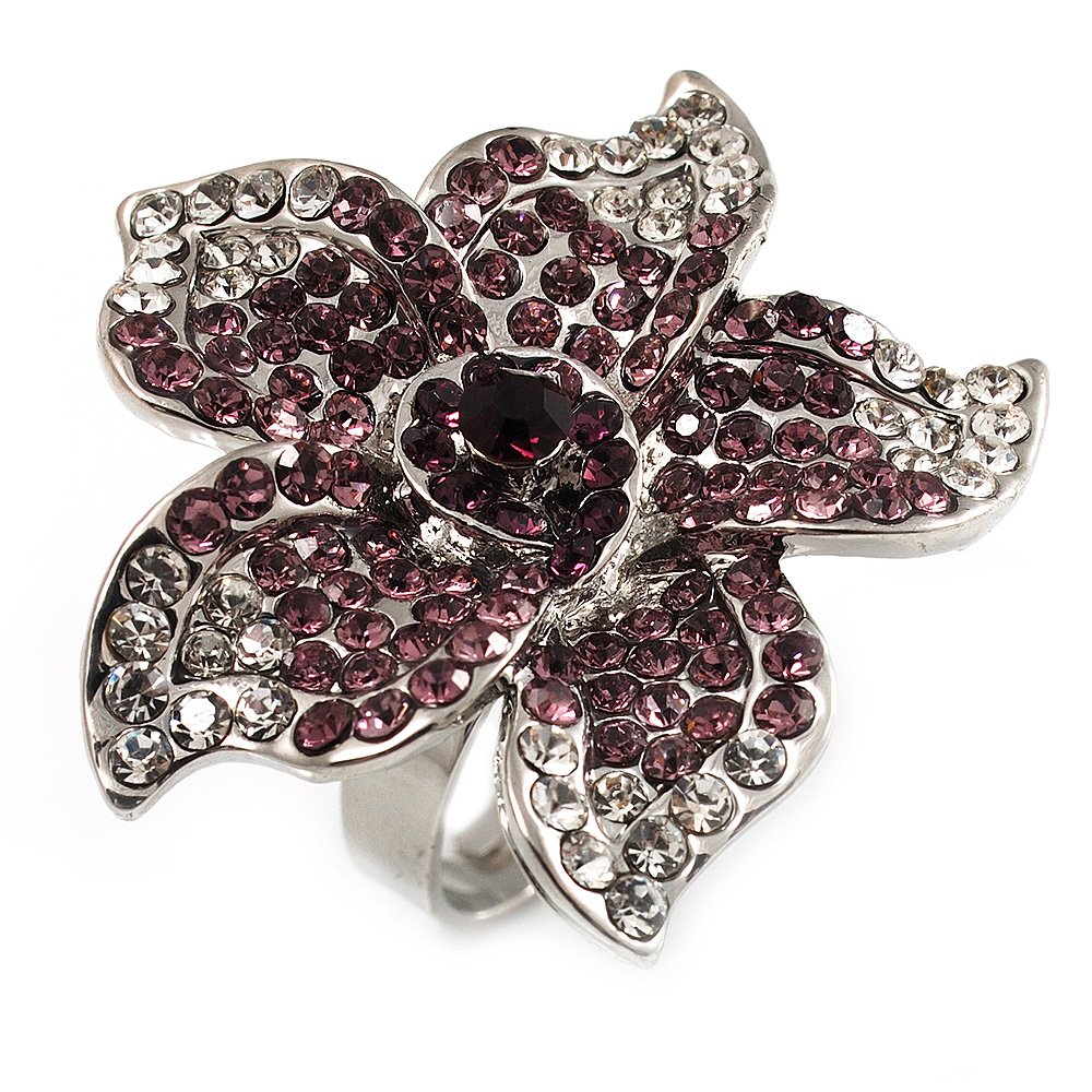 Avalaya Light Purple Diamante Flower Ring (Silver Tone)