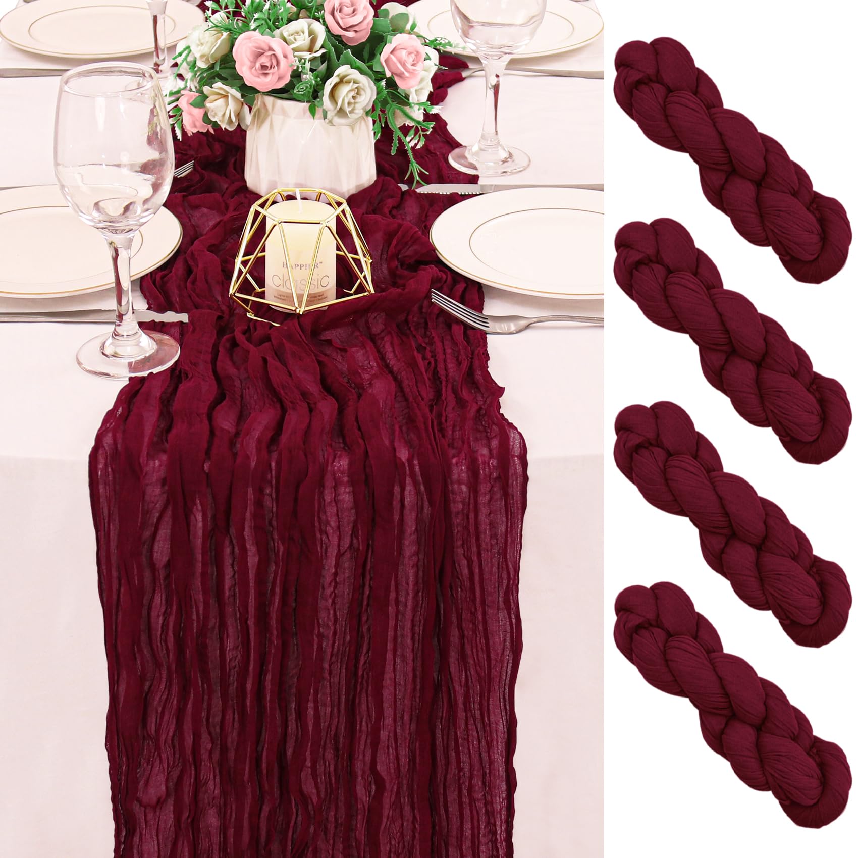 Photo 1 of 4 Pack 120 Inch Burgundy Cheesecloth Table Runner Boho Rustic Gauze Sheer Romantic 10 FT Long Cheese Cloth Table Runner for Bridal Baby Shower Wedding Party Birthday Holiday Home Easter Decor