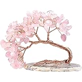 mookaitedecor Natural Rose Quartz Crystal Money Tree Agate Slice Base Feng Shui Bonsai Crystal Tree for Wealth Luck Desk Decor, 3-4 Inch High