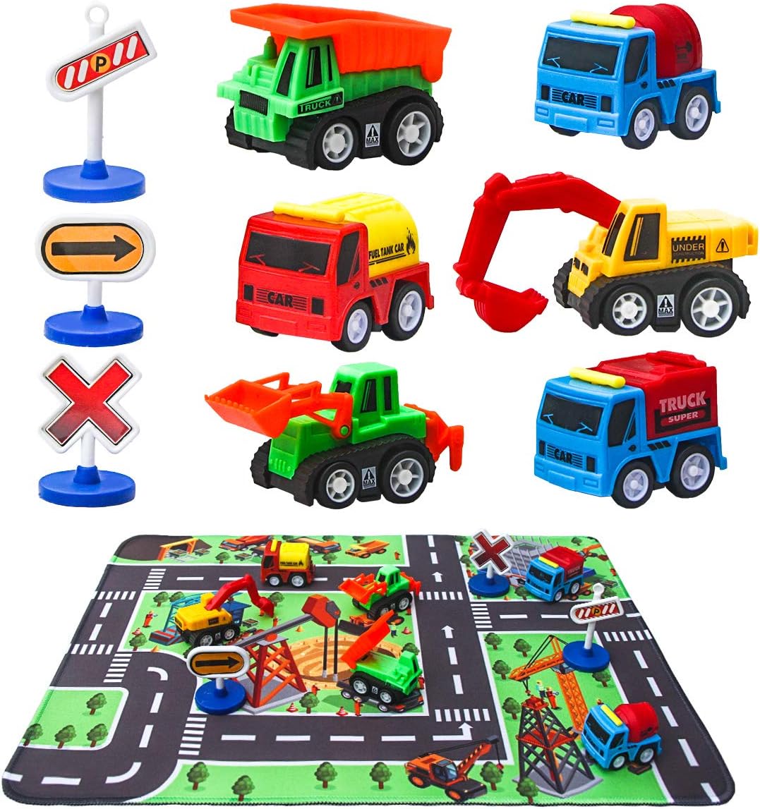 Construction Vehicle Toys with Play Mat, 6 Construction Trucks, 3 Road Signs, 14" x 18" Construction Site Playmat, Engineering Vehicle Sets, Mini Pull Back Car Toys