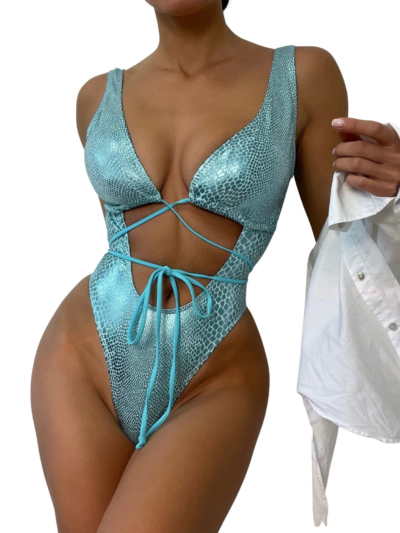 Photo 1 of UCadego Women's Metallic Snakeskin One Piece Swimsuits Rave Outfit Bathing Suits Blue XL