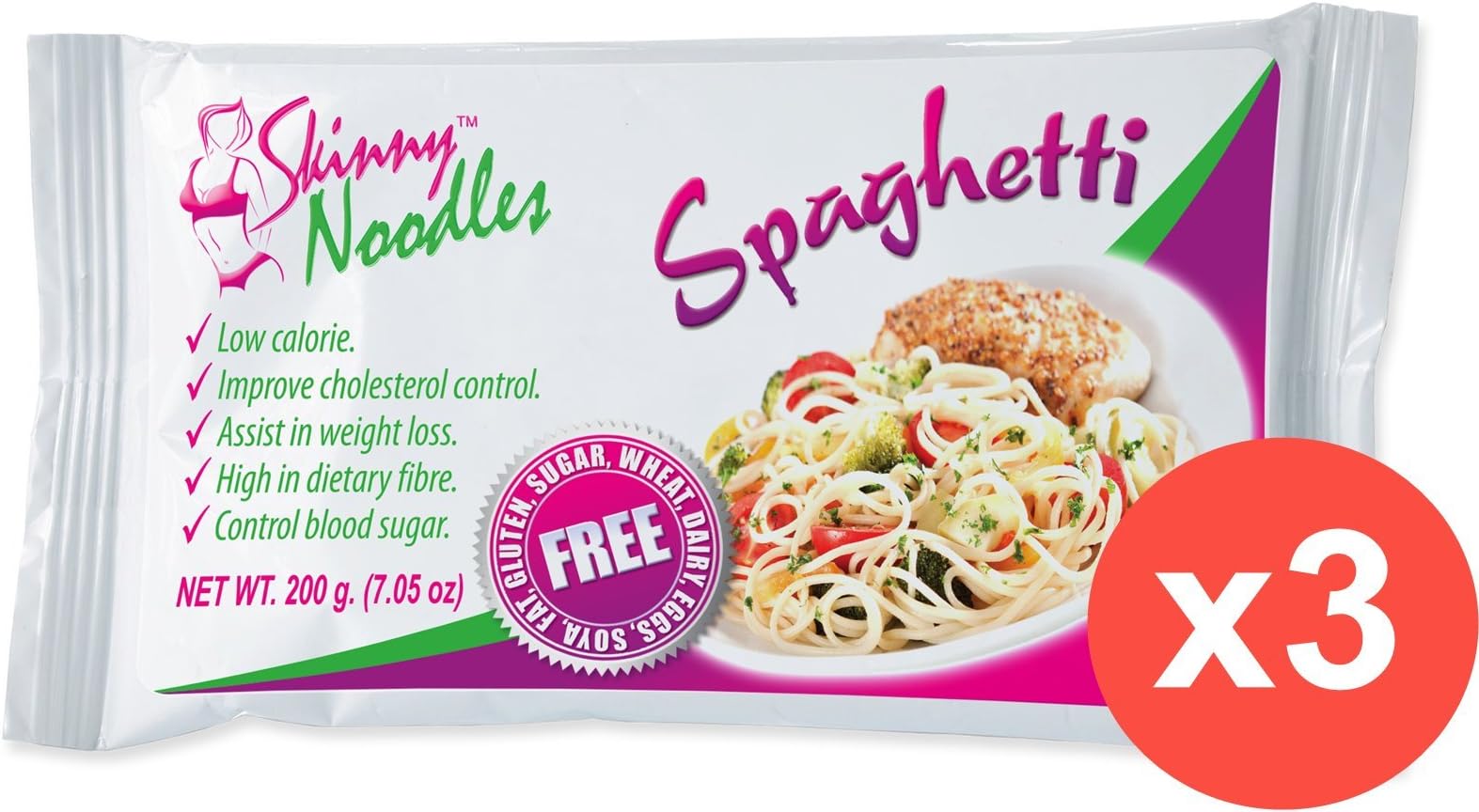 Pack of 3 Skinny Noodles Spaghetti 200g, Shirataki, Konjac, Slim, Low Carb