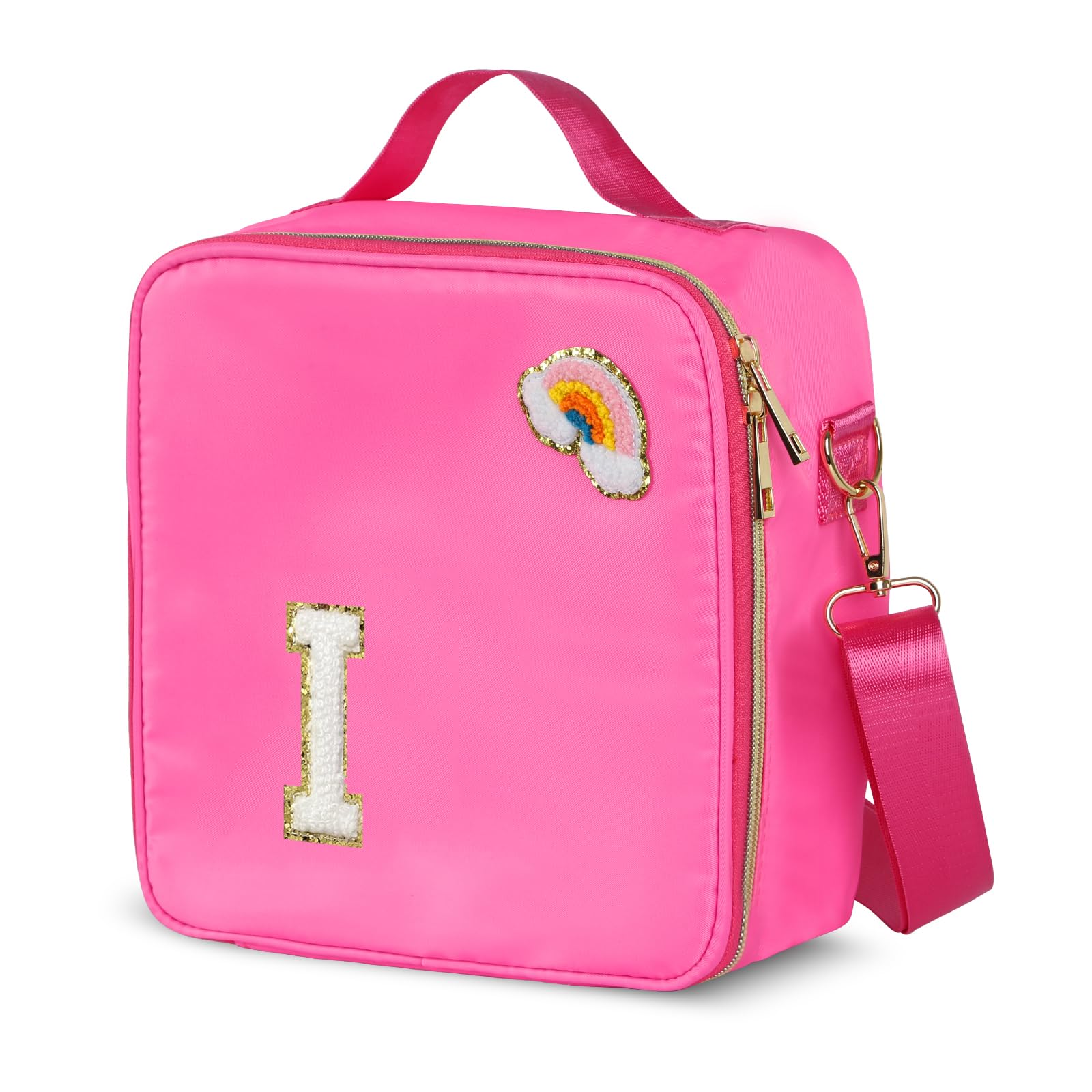 Photo 1 of Insulated Nylon Lunch Box for Girls, Kids, and Women-Stylish Pink Preppy Large Lunch Bag with Adjustable Strap and Chenille Letter 'I', Tote for School, Travel, and Picnics-Ideal Preppy Stuff Choice