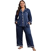 Vozanet Women's Plus Size Pajama Set Button Down Long Sleeve and Pants Lounge Sets with Drawstring and Pockets Sleepwear