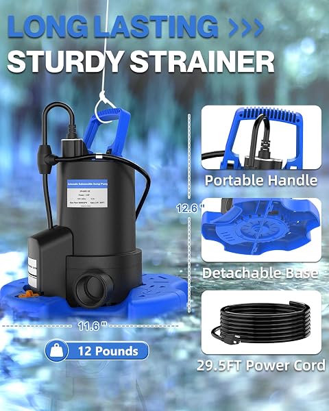 AUTOMATIC POOL COVER PUMP – 1 HP 5000 GPH SUBMERSIBLE WATER PUMP WITH CHECK VALVE AND 3 ADAPTERS, 29.5FT CORD FOR PUMPS ABOVE GROUND AUTOMATIC ON/OFF SYSTEM, SUMP PUMP FOR BASEMENT FLOODS, POND PUMP