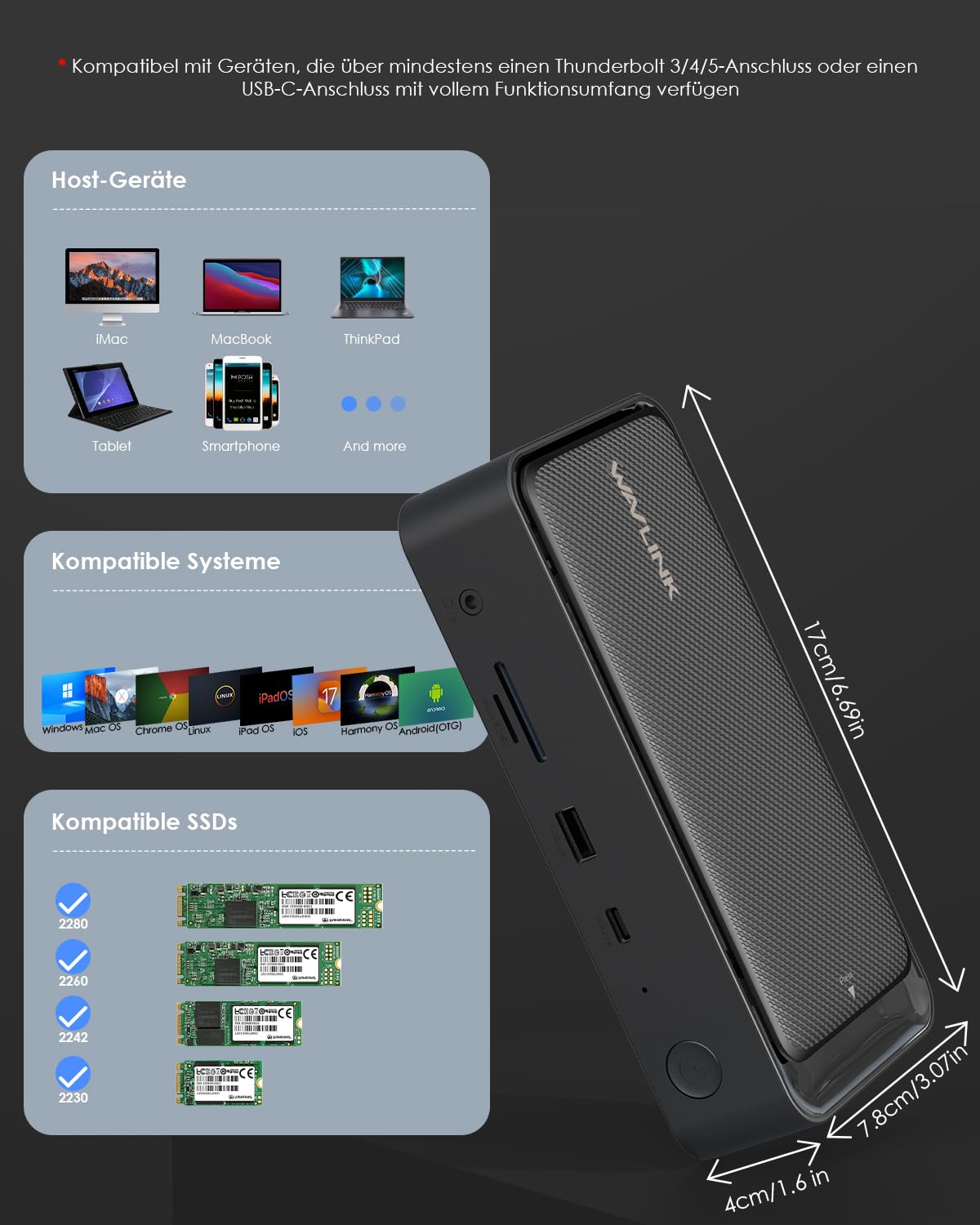 WAVLINK Laptop Dockingstation für DREI Bildschirme (einzeln 8K@30Hz/4K@144Hz), USB-C-Dock mit M.2-PCIe/SATA-SSD-Gehäuse, unterstützt 100 W Power Delivery, USB C/A, SD/TF, Gigabit für Windows, Mac OS 8