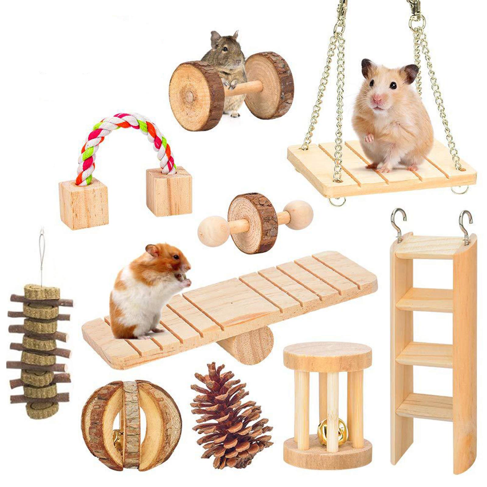 Chikanb 10-Pack Syrian Hamster Toys, Dwarf Hamster Toys for Bunny Rabbits Gerbils Rats Rodent Chinchilla, Grass Wooden Pine Cones Gerbil Rats Chinchillas Toys Accessories Dumbells Exercise