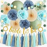 Bridal Shower Decorations Sage Green and Dusty Blue Bachelorette Party Decorations Bride to Be Light Blue and Sage Green Decor Pom Poms Beige Fans Cream Tassel Garland with Bride to Be Banner Gold
