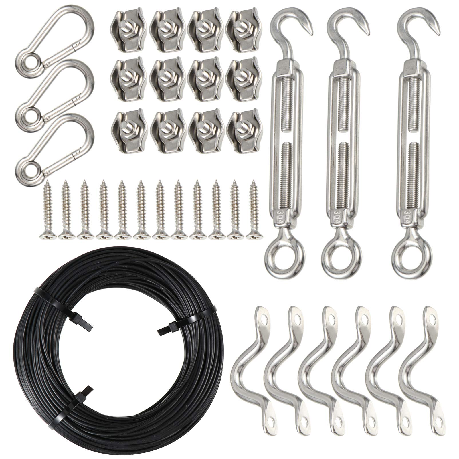 Uonlytech Garden Wire String Lights Hanging Kit Globe String Lights Suspension Kit Outdoor Light Guide Wire Nylon- Coated Wire Rope Cable Turnbuckle and Hooks Enough Accessories Wire Trellis