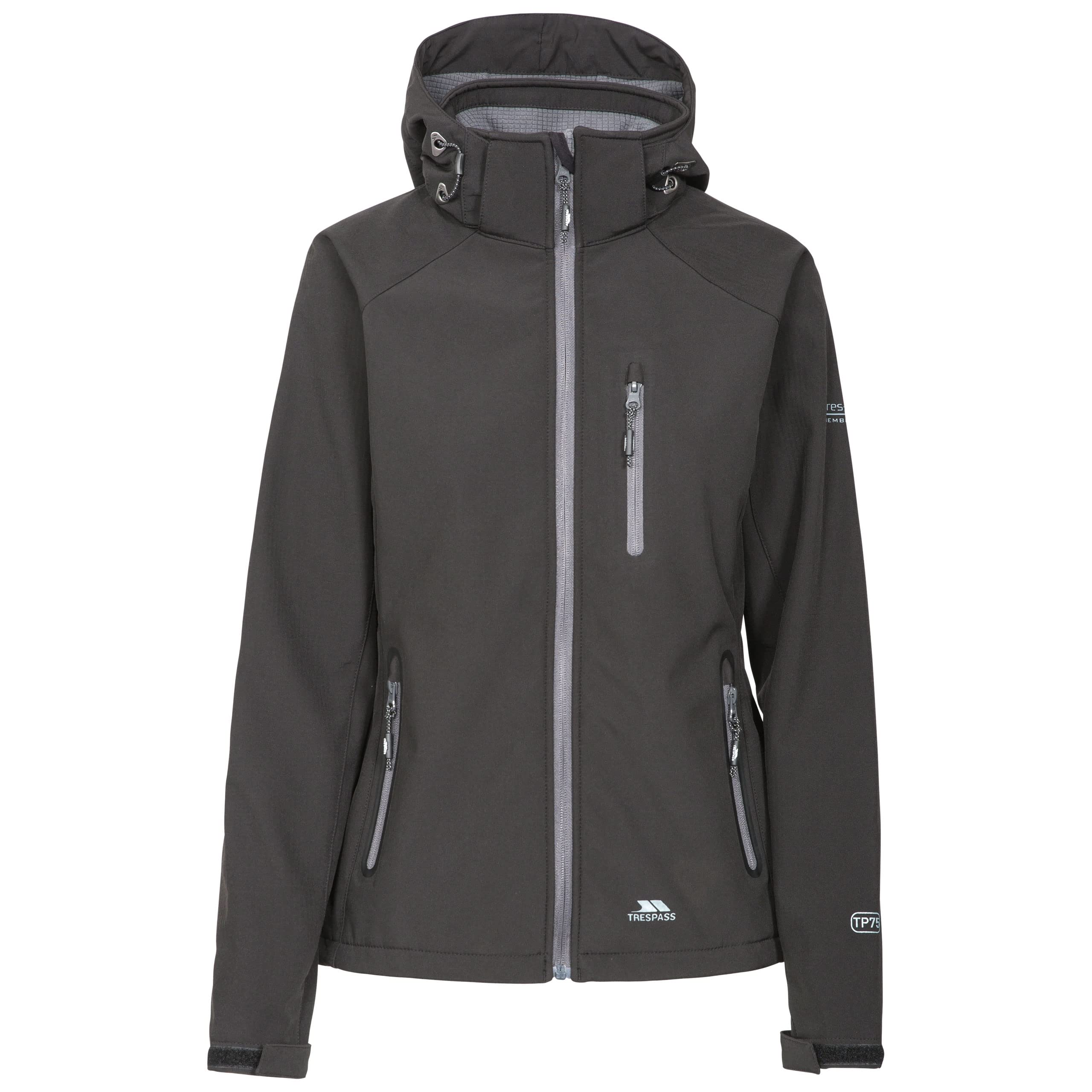 Trespass Womens Softshell Jacket Bela II - Waterproof: 8000mm, Breathable: 3000mvp, Windproof, 3 Low Profile Zip Pockets, Chin Guard, Contrast Zips, Adjustable Zip-Off Hood