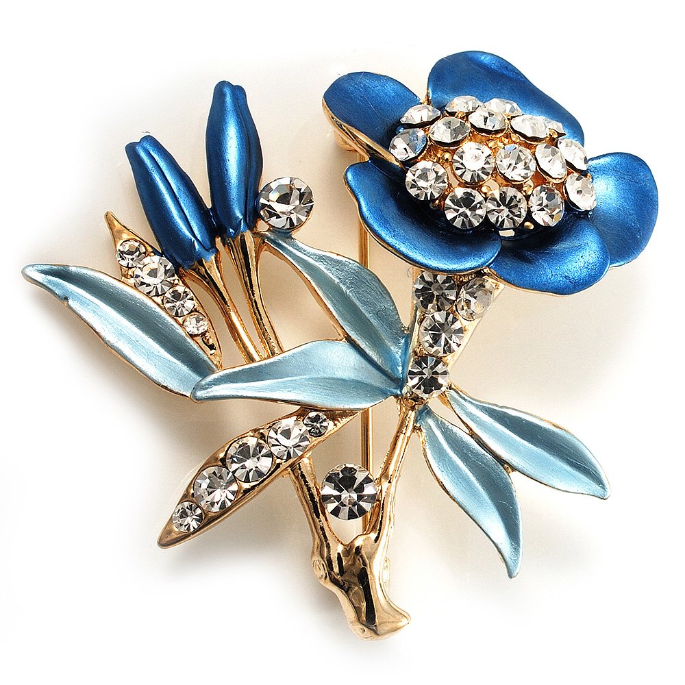 Blue Enamel Crystal Bunch Of Flowers Brooch (Gold Tone)