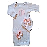 Newborn Girl Coming Home Outfit Monogrammed Layette Gown with Beanie Layette Set Baby Shower Gifts White Pink 0 to 3 Months