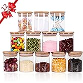 Tzerotone Glass Jars Set,Upgrade Spice Jars with Wood Airtight Lids and Labels, 6oz 12 Piece Small Food Storage Containers for Home Kitchen, Tea, Herbs, Sugar, Salt, Coffee, Flour, Herbs, Grains…