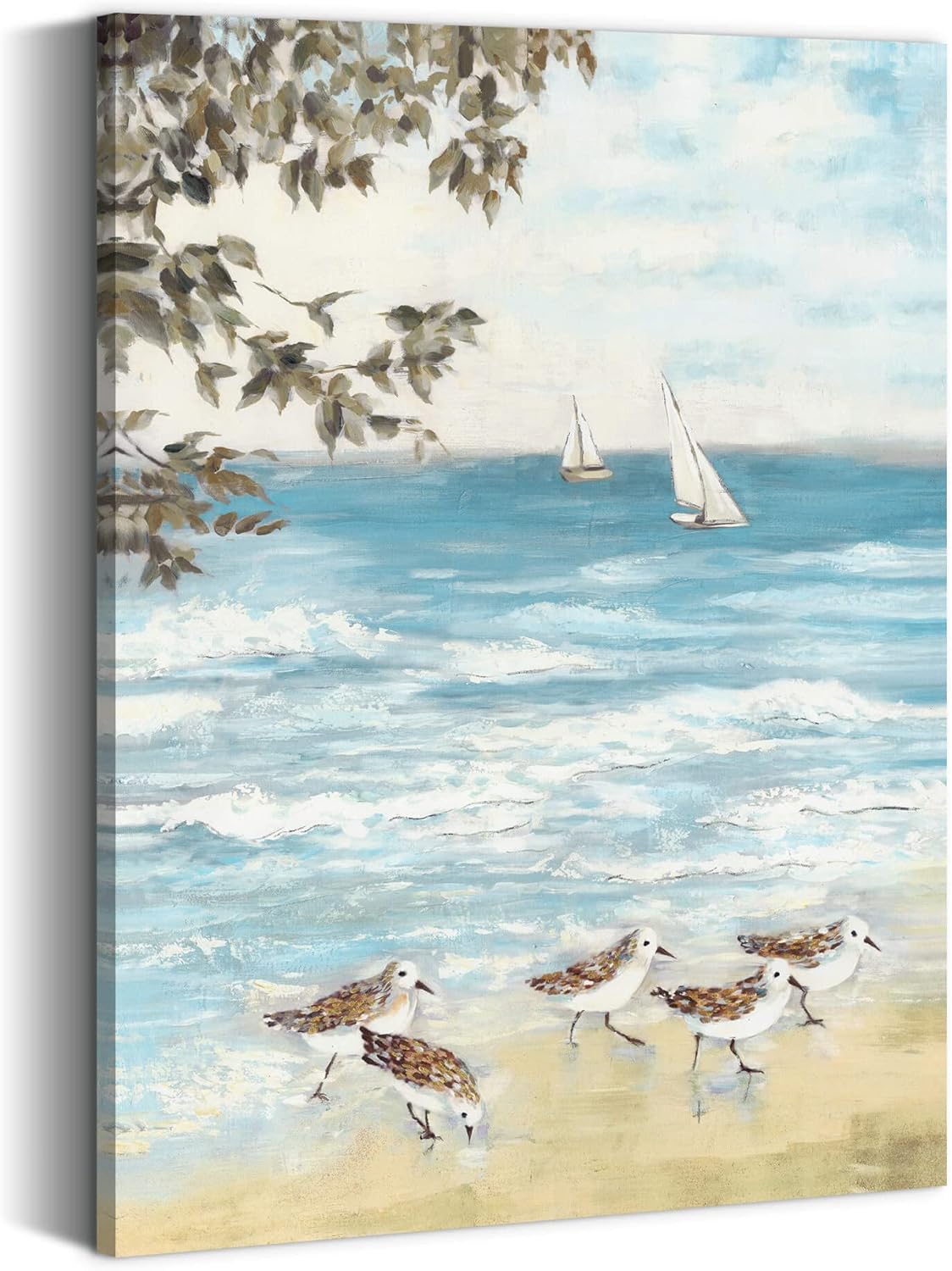 Paintings - summer melody Bathroom Beach Canvas Wall Art: Coastal Sea Bird Painting Abstract Ocean Artwork Seashore Seagull Picture Modern Seaside Sandpiper Prints Bedroom Blue Seascape Nature Theme Gallery Art