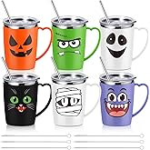Kritkin 6 Pcs Halloween Coffee Mugs Cups 16 Oz Halloween Stainless Steel Insulated Tumblers Bulk with Handle Lid Straw Brushes Spooky Ghost Face Monster Black Cat Mugs Trick or Treat Gifts