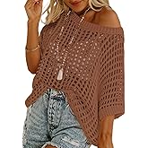 Sidefeel Women's Crochet Tops Short Sleeve Sweater 2025 Fashion Hollow Out Scoop Neck Pullover Knit Tops Cover Ups