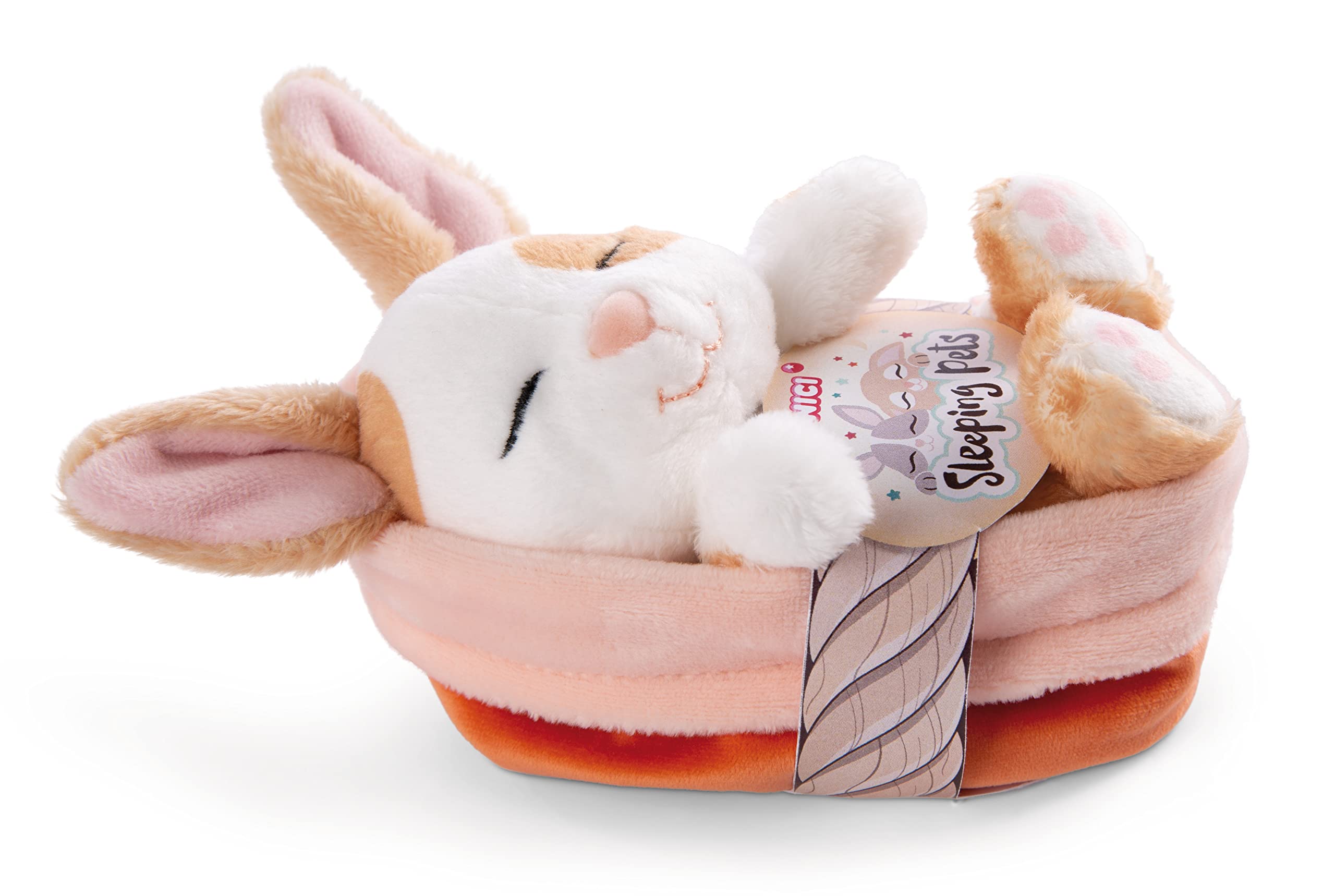 NICI Soft Toy Sleeping Pets Bunny caramel dotted in peach basket 12cm