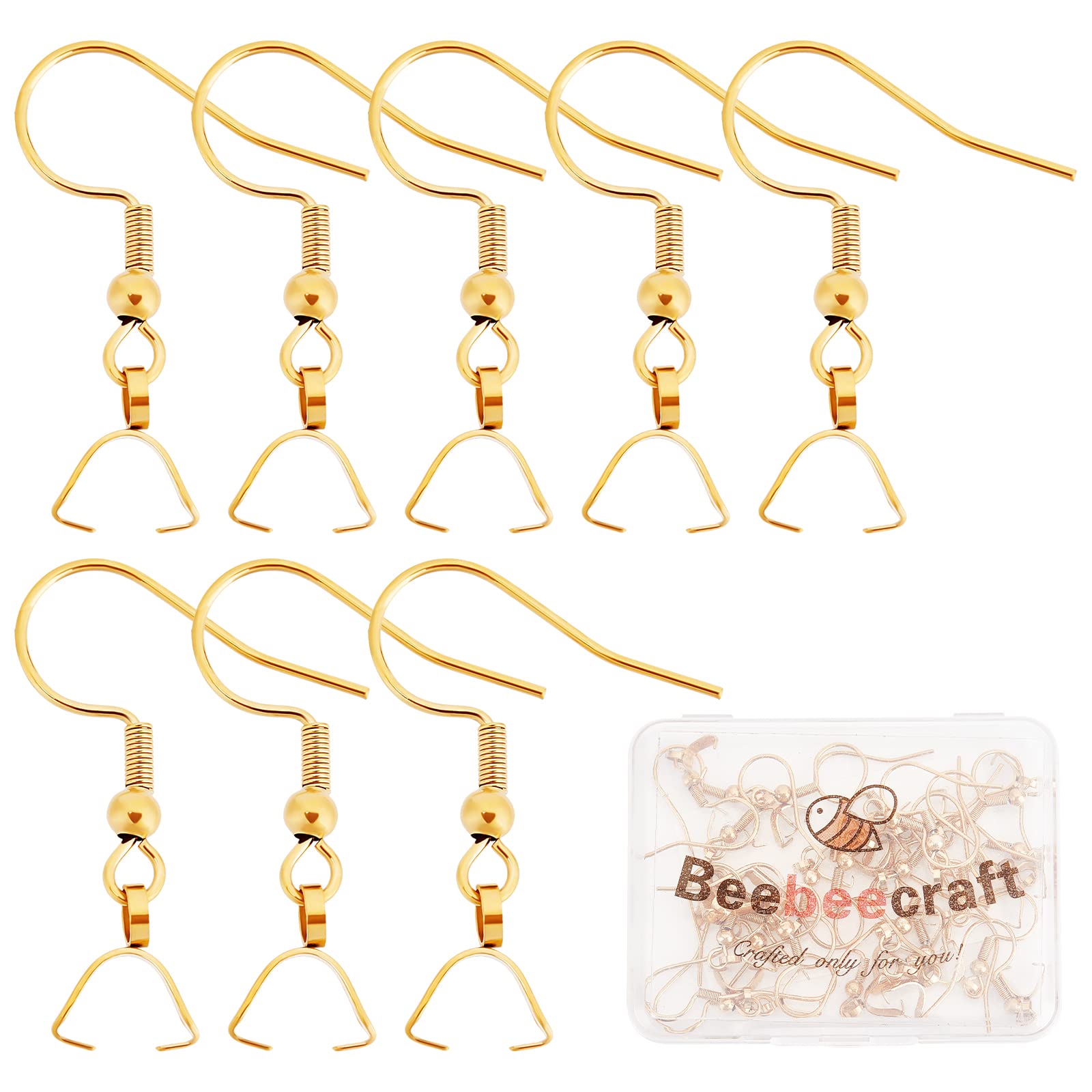 Beebeecraft 30Pcs/Box Earring Hooks with Pinch Bails 18K Gold Plated Stainless Steel French Wire Earring Ball Hooks with Pendant Clasp for Earring Jewelry Making Supplies