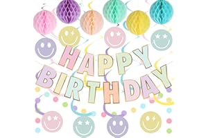 YEOCU Birthday Decorations, NO DIY, Pre-Strung Happy Birthday Banner with Honeycomb Balls, Hanging Swirls, Circle Dots Garland, Happy Birthday Party Decorations for Women Men Boys Girls (Pastel)