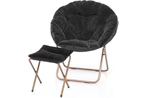 MoNiBloom Round Folding Faux Fur Saucer Chair for Bedroom Living Room Dorm Foldable Metal Frame Oversized Large Comfy Furry Padded Soft Cozy Moon Chair with Footrest Ottoman for Adults (Black)