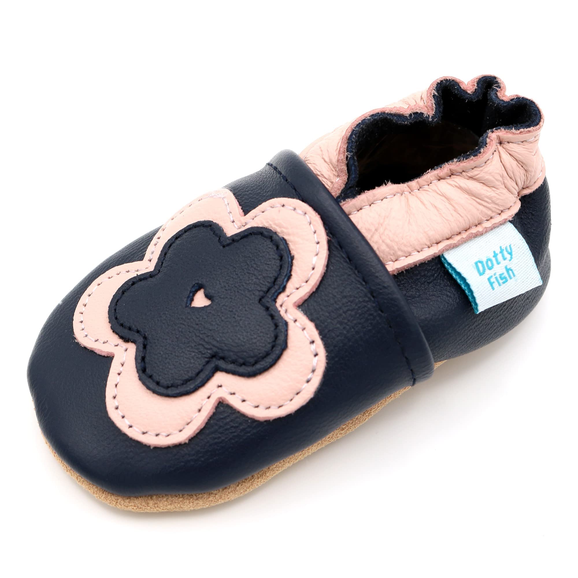 Dotty Fish Soft Leather Baby & Toddler Shoes – Barefoot, Non-Slip, Lightweight & Flexible, Elasticated Ankles - Unisex Boys & Girls, British Brand, Podiatry Approved - Navy & Pink Flower 12-18 Months