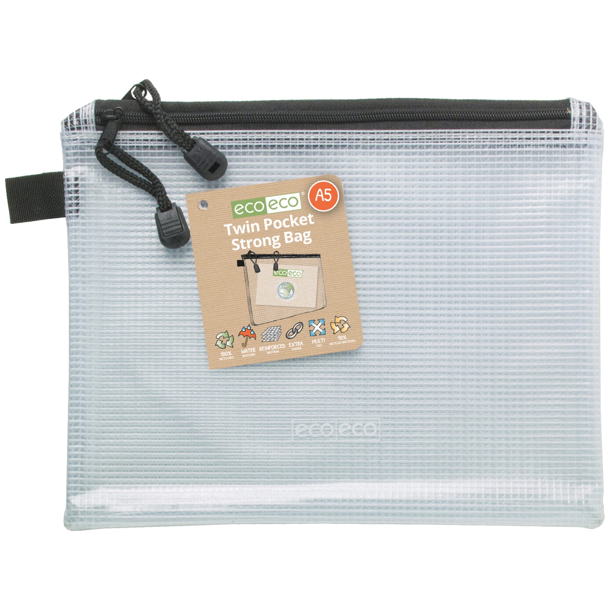 eco-eco A5 95% Recycled Twin pocket Super Strong Bag, Waterproof Mesh Tuff Bag, Reinforced, Black zip closure, 2 pockets
