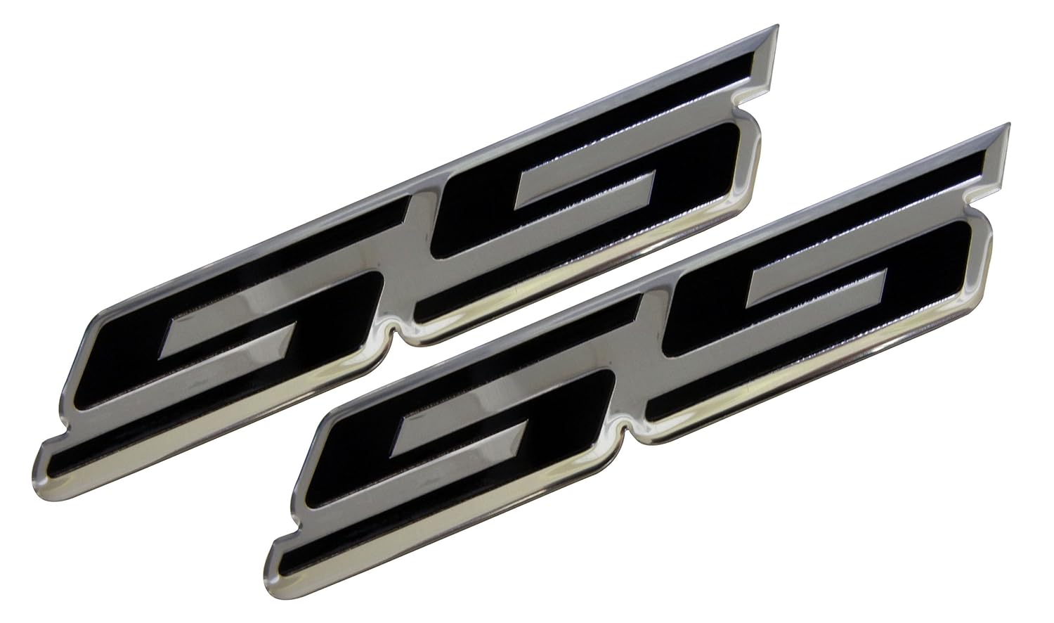 2 x (pair/set) SS Super Sport BLACK on Highly Polished Aluminum Silver Chrome Car Truck Engine Swap Badge Emblem for General Motors GM Chevrolet Chevy Camaro El Camino Monte Carlo Nova Impala HHR Cobalt Holden Commodore Ute 348ci 350HP 408HP