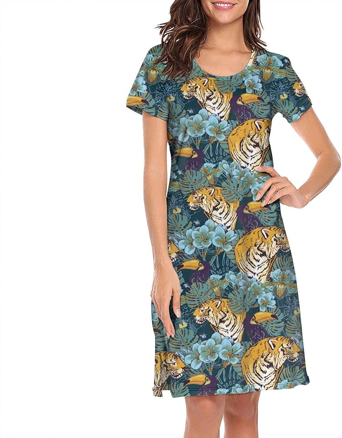 Women King Tiger Jungle Roar Nightgown Soft Sleep Dress ONeck