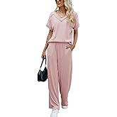 Famulily Womens Cable Knit Two Piece Lounge Set Matching with Short Sleeve V Neck Top and Wide Leg Pockets Long Pants