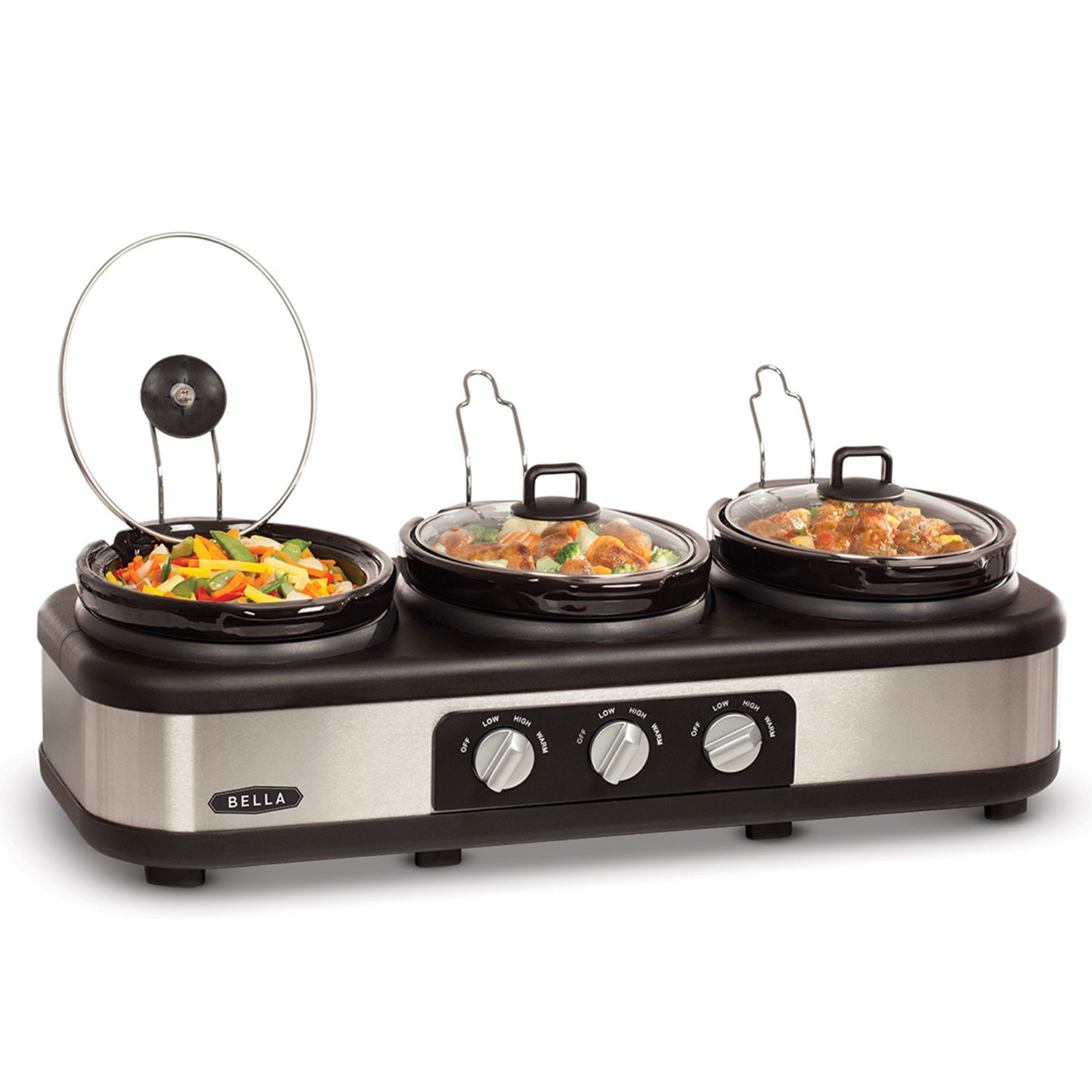 BELLA Triple Slow Cooker And Buffet Server, 3 X1.5 QT Manual Stainless
