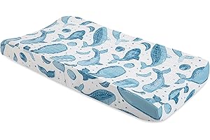 Crane Baby Quilted Changing Pad Cover with Animal Print, Breathable Cotton Sateen, Fits Standard 16”X32” Pads, Ocean Whale Blue