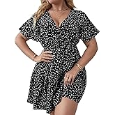 Floerns Women's Plus Size Wrap V Neck Short Sleeve Ruffle Hem A Line Short Dress