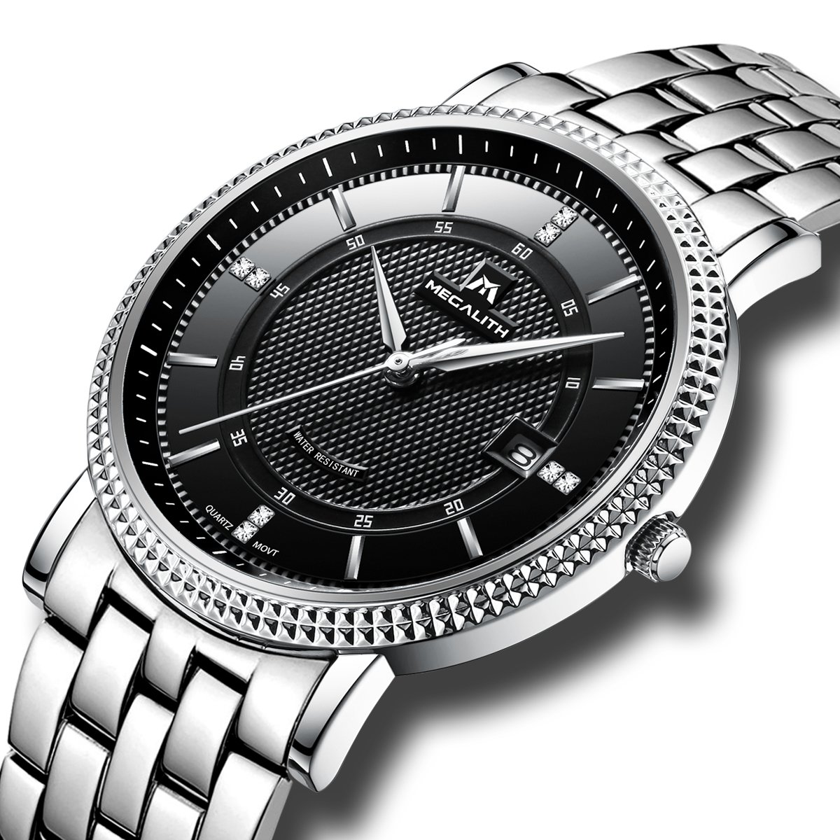 Mens Black Wrist Watches Men Waterproof Silver Stainless Steel Watches Date Luxury Thin Watch for Men