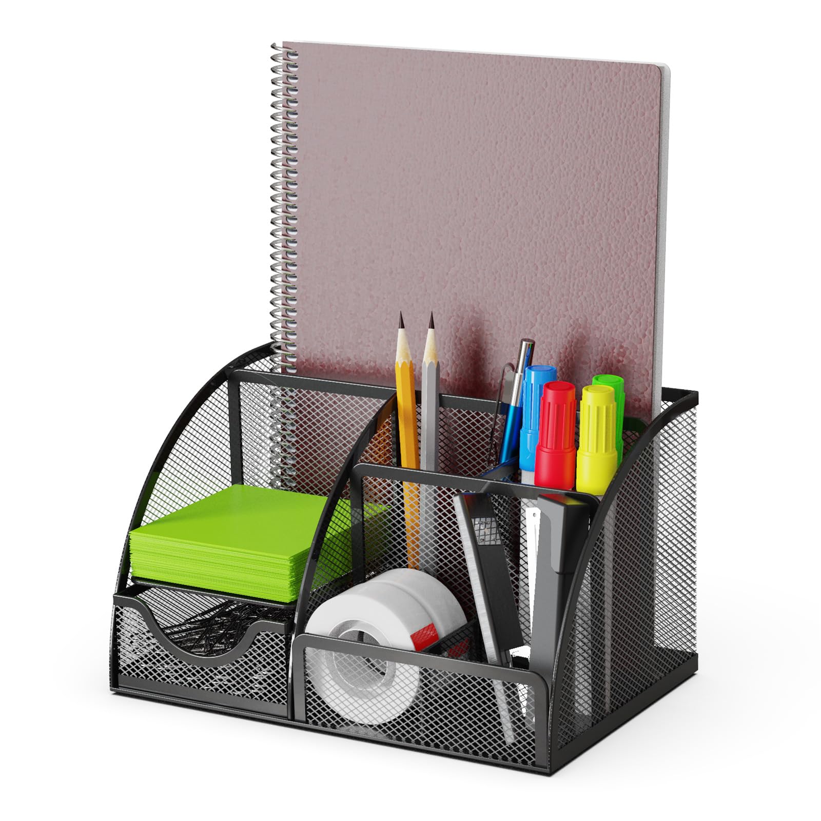 Detectalia Desk Organizer and Pencil Case with Drawer and 6 Compartments in Black Metal Mesh. Space-Saving Desk Organizer for Pens, Pencils, Sticky Notes, Clips and Staplers