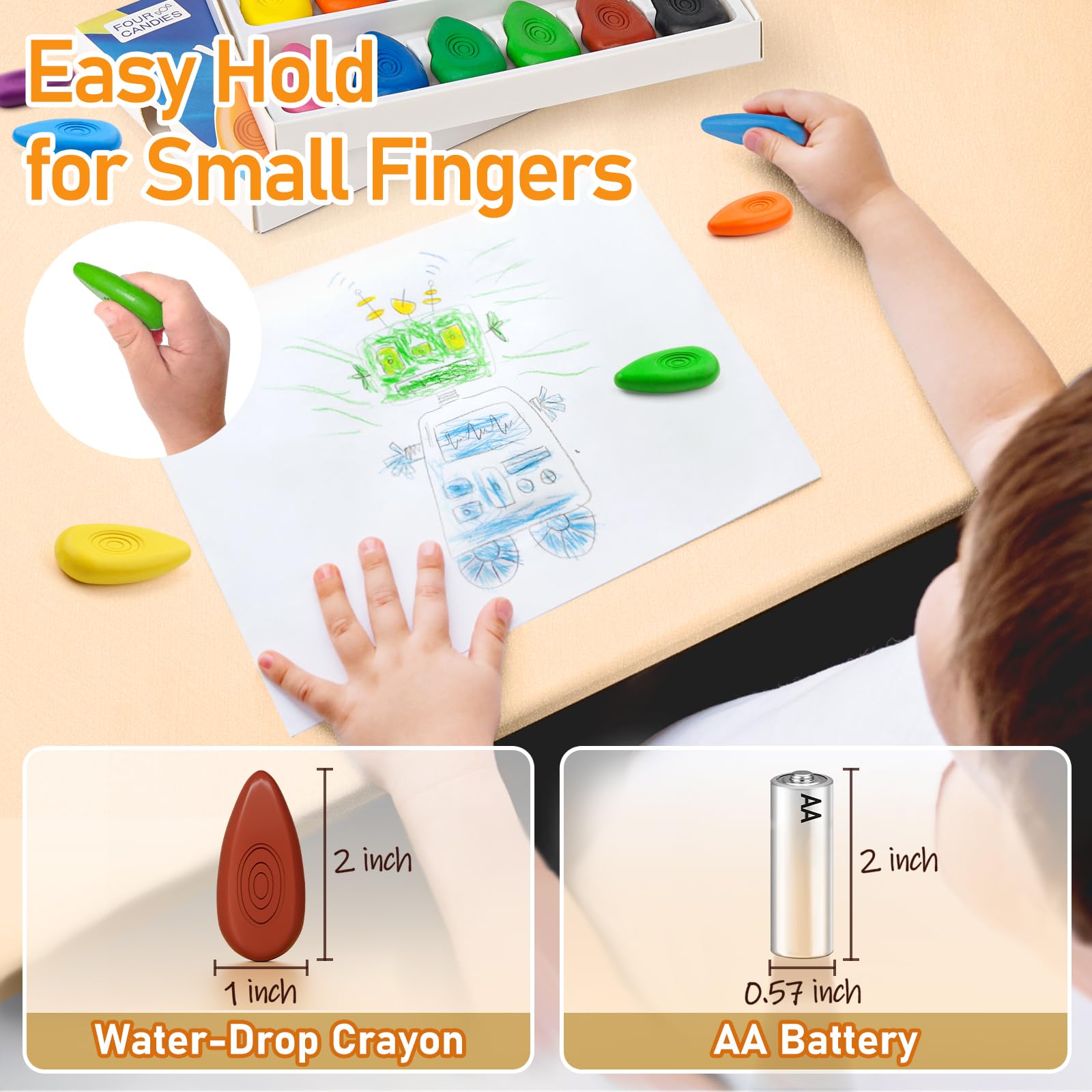 Four Candies Toddler Crayons 12 Count, Non Toxic Washable Crayons for Toddlers 1-3, Unbreakable Easy-Grip Water-Drop Shape for Little Hands, Toddler Coloring Art Gift