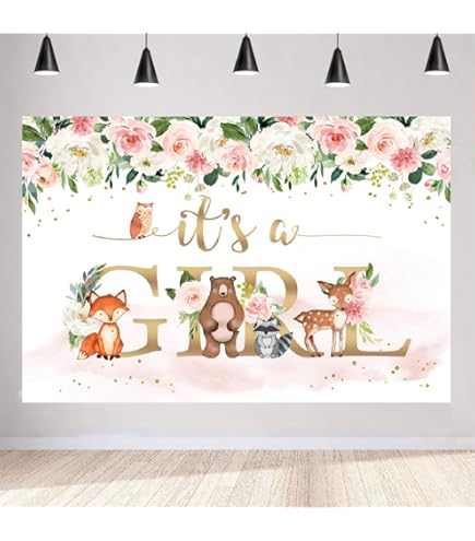 JOYMEMO Woodland Baby Shower Porch Sign Banner - Pink "Welcome" & "It's A Girl" Banner With Forest Animals - View #6