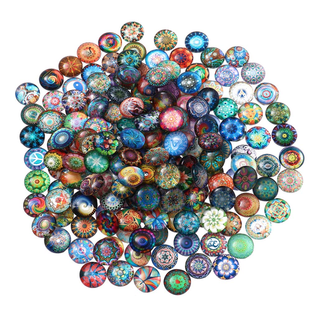 100pcs 12mm Glass Mandala Cabochons Ethnic Round Flower Dome Tiles Jewelry Making Accessories for Women Ladies
