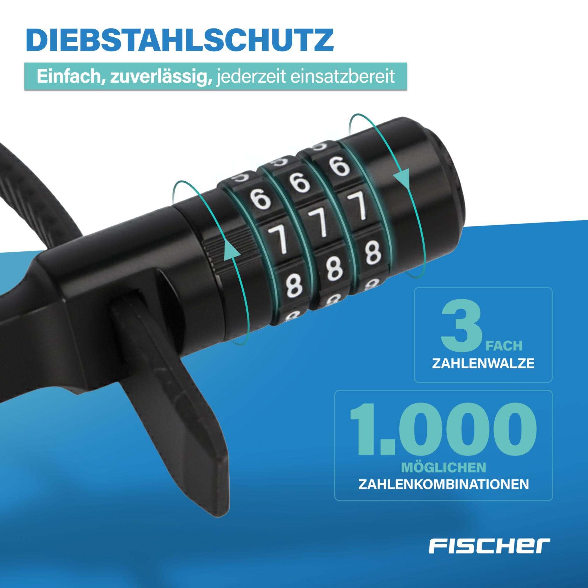 FISCHER Fahrradschloss, Kabelbinderschloss Spezialschloss mit Zahlenschloss, für Fahrrad, Helm oder Skifahren, schwarz, Länge: 53 cm 3