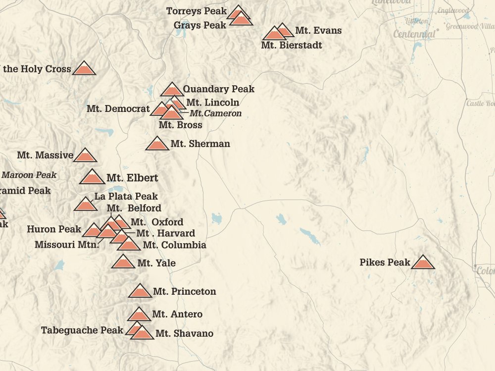 map of 14ers in colorado 58 Colorado 14ers Map 18x24 Poster Tan Buy Online In Guam map of 14ers in colorado
