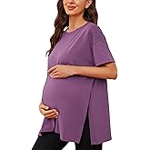 Ecavus Women's Casual Maternity Shirts Split Side Pregnancy Tops Blouses Short Sleeve Loose Fit Maternity Clothes